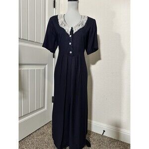 Vintage Nu Venture 80s Women Dress Navy Blue White Lace Collar Maxi 90s